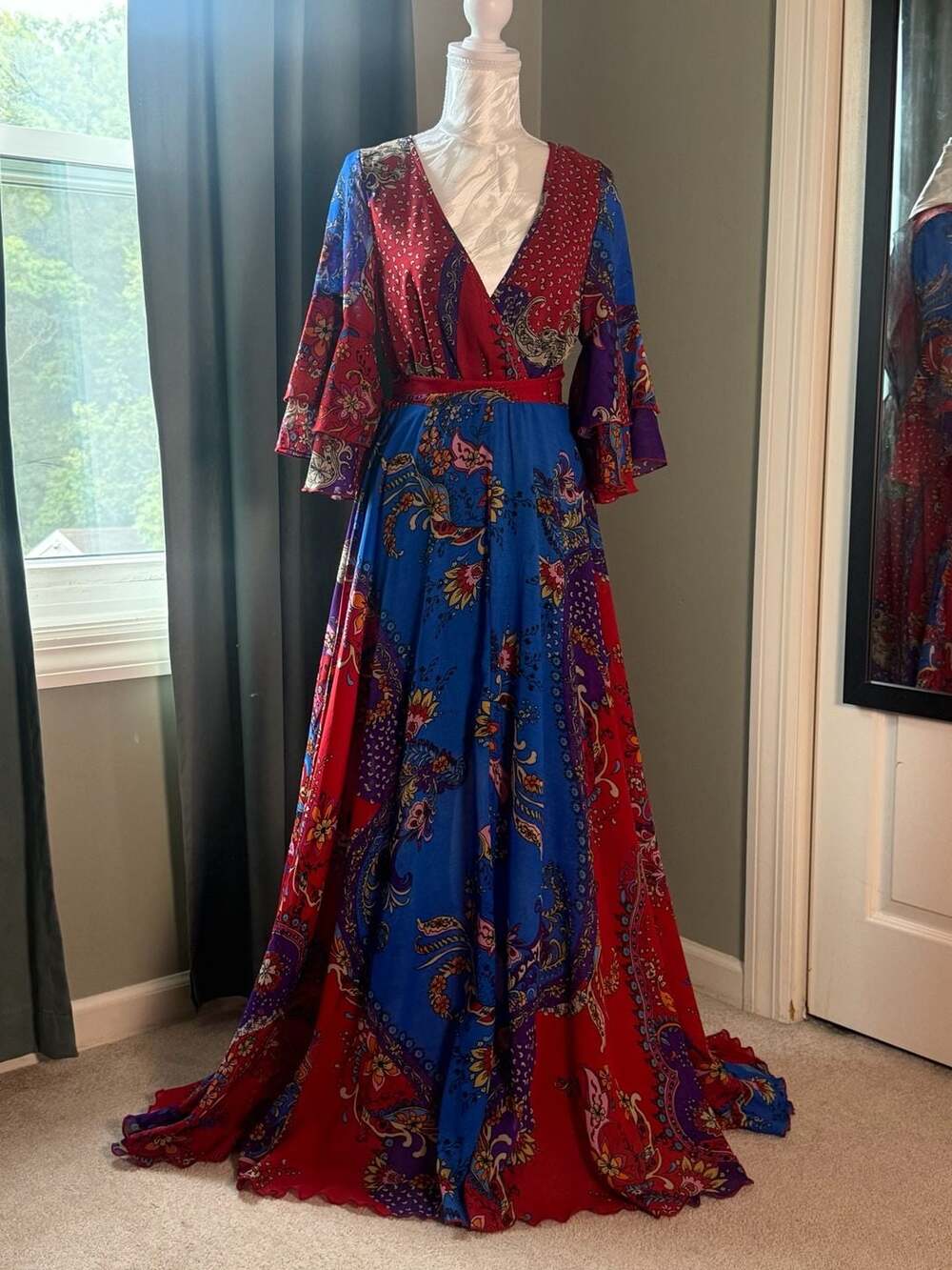 Une Ame Boho Paisley Patchwork Maxi Dress S Bell Sleeve Empire Waist Festival